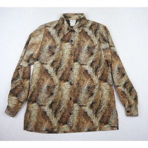 BONWORTH - WOMEN'S BROWN FEATHER PRINT LONG SLEEVE BUTTON-UP TOP - SIZE XS